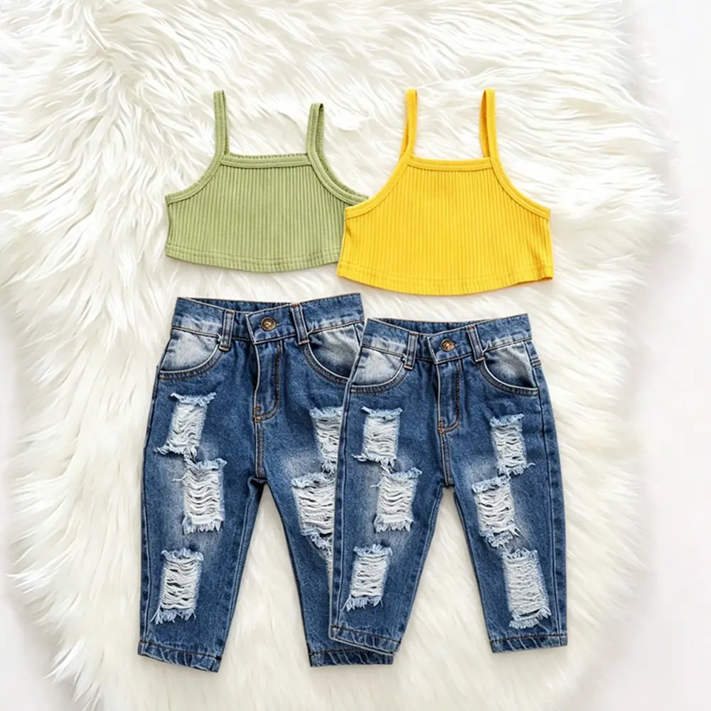 Girls' 2-Piece Outfit, Solid Ribbed Knit Cropped Camisole and Ripped Denim Jeans Set, Toddler Casual Summer Clothing, Outfits, Toddler Outfit