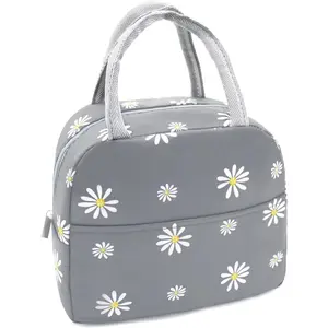 Insulated Lunch Bag Women Girls, Reusable Cute Tote Lunch Box for Adult & Men, Leakproof Cooler Lunch Bags for Work Office Travel School Picnic (Grey with White Daisy)