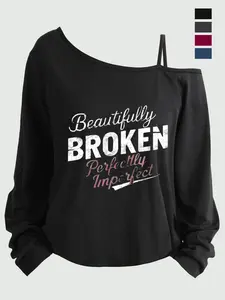 Plus Size Women's Loose-Fit Long Sleeve Cami Top, Asymmetrical Neckline, Letter Print, All Seasons, Sizes 1-8xl