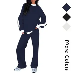 Women’s 2-Piece Fleece Loungewear Set – Casual Matching Set with Crewneck Loose-Fit Cozy Sweatshirt & Straight-Leg Sweatpants, Chic Color-Blocked Two-Piece