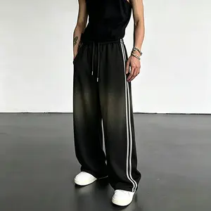 Men's Soft Gradient 2 Stripes Wide Leg Pants, Casual Drawstring Baggy Trousers, Perfect for Street, Gym, Daily & Streetwear