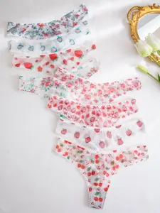 Women's Floral & Strawberry & Cherry Print Sheer Tulle Thongs, Cute Soft Comfy Breathable Knicker for Daily Wear, Ladies Underwear for All Seasons