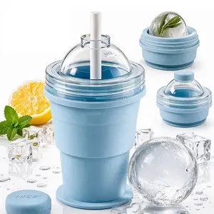 Collapsible Ice Ball Maker Cup, 2-in-1 Silicone Folding Ice Cube Cup Tray Portable Leakproof Travel Tumbler with Lid & Straw, Reusable Sphere Mold for Whiskey, Bourbon, Coffee, Summer Drinks