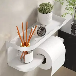 Wall-Mounted Dual-Layer Storage Rack, No-Drill Paper Towel Holder with Accessory Shelf, Releases Counter Space, Bathroom Kitchen Convenience, Tissue Holder