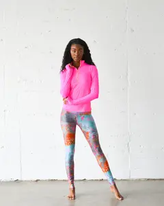 Women's Henley Rash Guard - Neon Pink