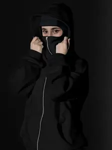 Stylish Women's Basic Double Hood Balaclava with Zipper, Ribbed Cuffs, Elastic Waistband, All-Season Hoodie