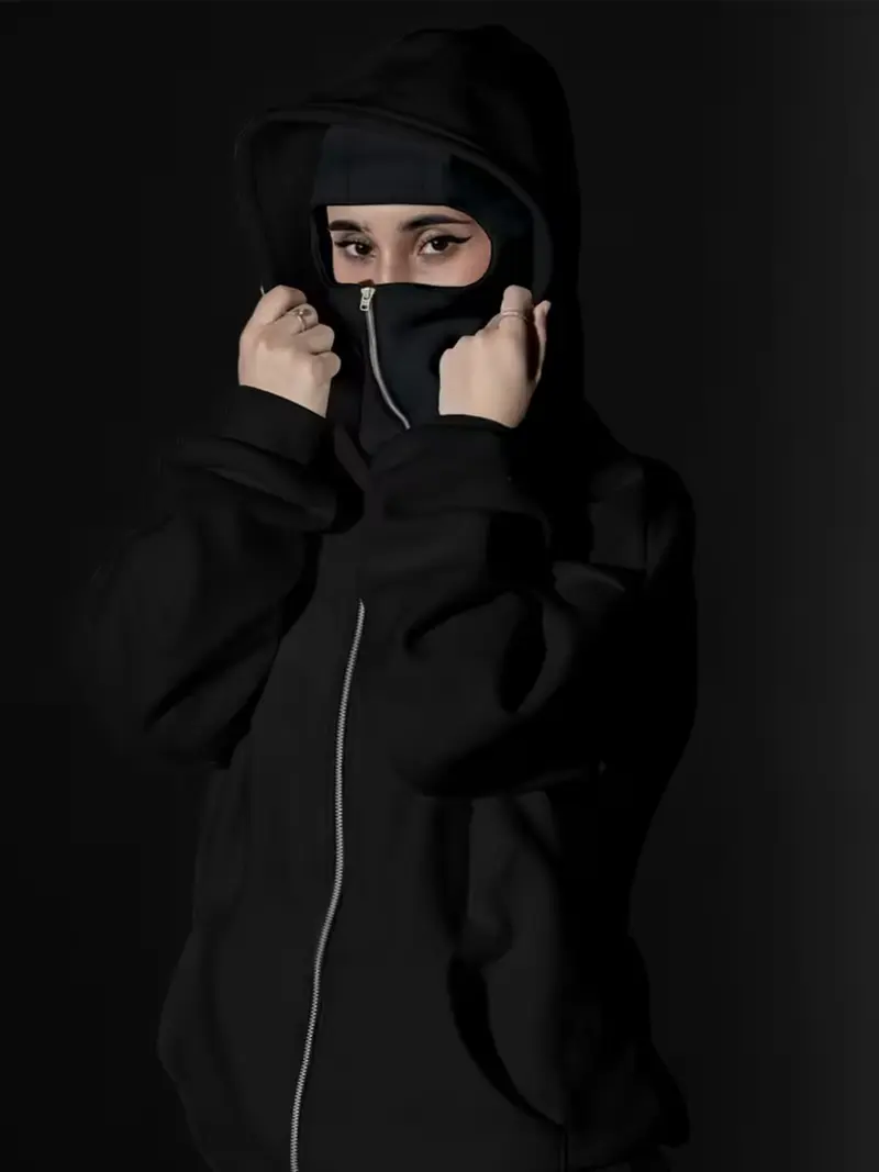 THEAIRTOWN　balaclava hoodie Balaclava Hoodie Zipper, Double Hooded Zip Jacket Wind-resistant