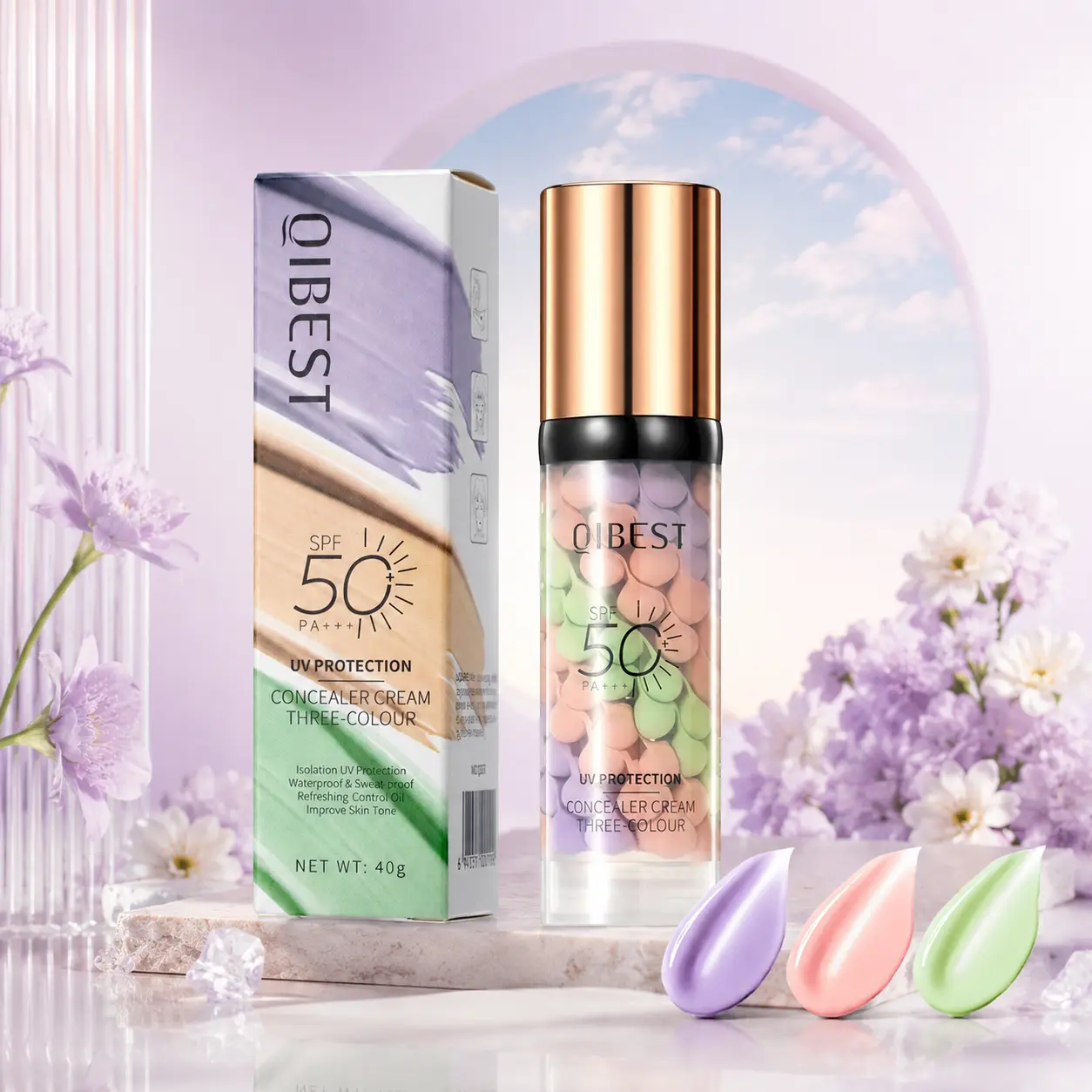 3-in-1 Color Correcting Facial Serum,Moisturizing Primer,, SPF 50 PA+++ Coverage, Brightening Primer for Even Skin Tone,Oil Control & Refreshing, Purple, Pink &Green Tones,travel essentials,