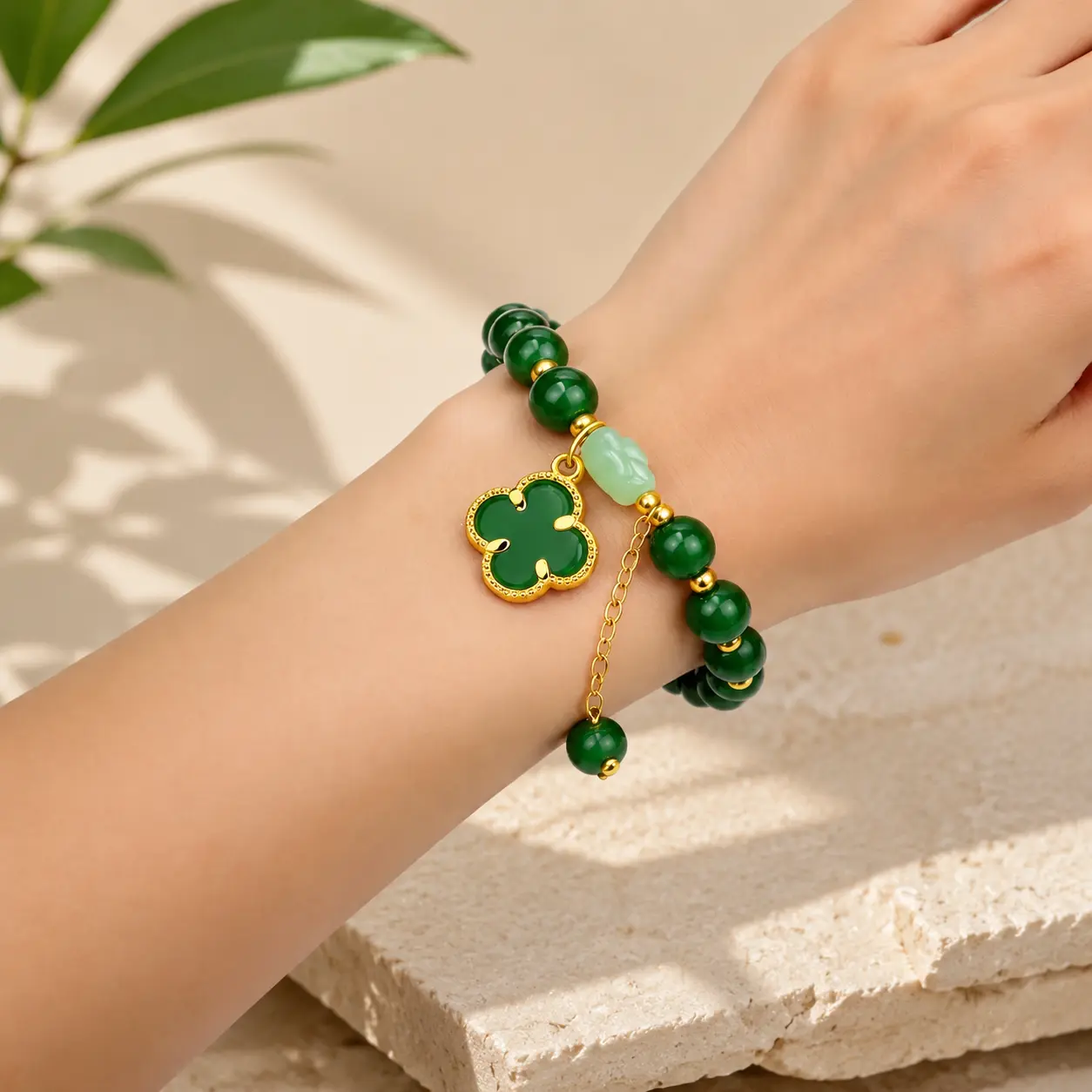 Lucky Four-Leaf Clover Green Aventurine Bracelet- Manifest Wealth & Prosperity Crystal Charm