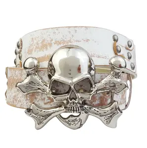 Chrome Skull Buckle w. Distressed Off-White Belt - Leather Material