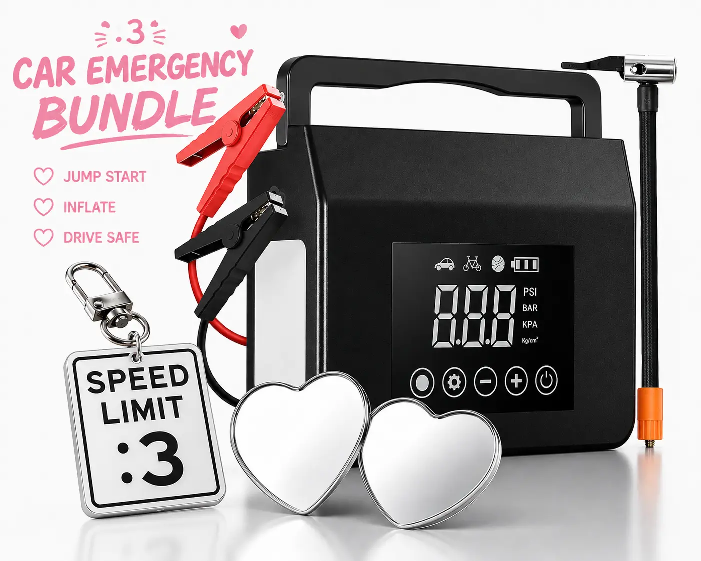 4-in-1 Jump Starter & Air Compressor with 2 Heart-Shaped Blind Spot Mirrors and SPEED LIMIT :3 Keychain Practical Emergency Car Kit