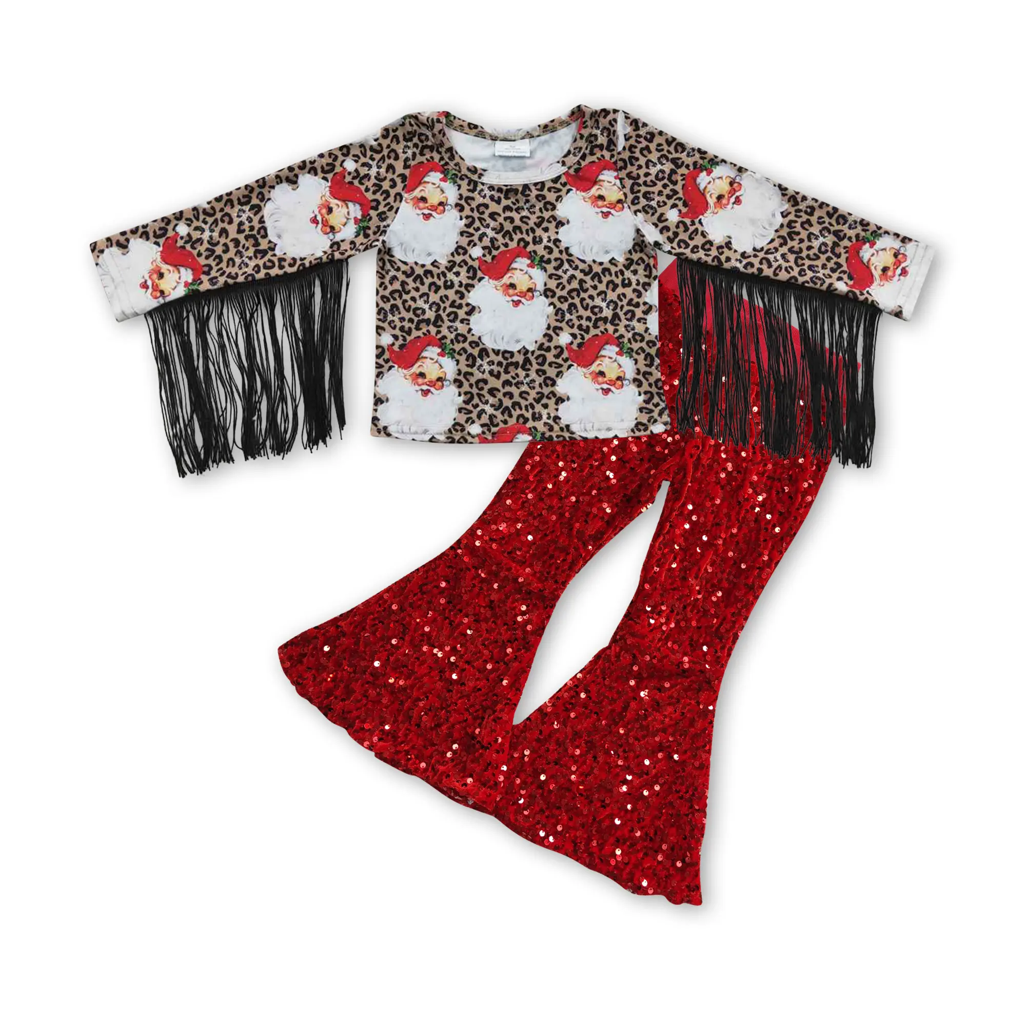 Girls' 2-Piece High-Quality Christmas Clothing Set - Leopard Santa Tassel Paglan Sleeve Top with Chain, Red Sequin Bell Bottom Pants with Ruffled Hem (Cotton Blend, Slight Stretch, 6-12m, 14-16t)