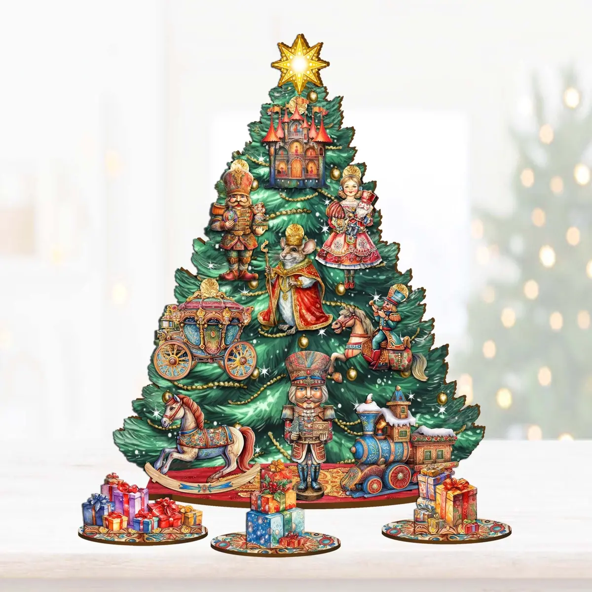 Designocracy 8091501 Magical Wooden Nutcracker Christmas Decoration, 12.5 in. Thematic Tabletop Set with Christmas Tree Ornaments, Room Accessories & Toys