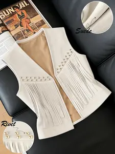 A women's French retro suede fringed vest for early autumn, with a new rivet decoration for casual and fashionable layering. A sleeveless vest jacket suitable for early autumn, home, indoor, and outdoor wear