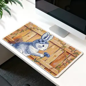 Premium White Bunny With Blue Flower Illustration Mouse Pad, 40x80cm High-Quality Non-Slip Rubber Base Computer Desk Pad, for Office Gaming Daily Use
