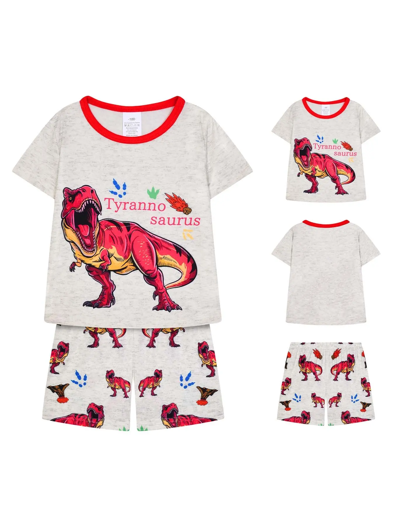 Boys' 2-Piece Round Neck Short Set Dinosaur Print, Casual Comfortable Fitted Pajamas, Summer Pyjamas Set, Elastic Waist, All Seasons Wear, Sleepwear Set