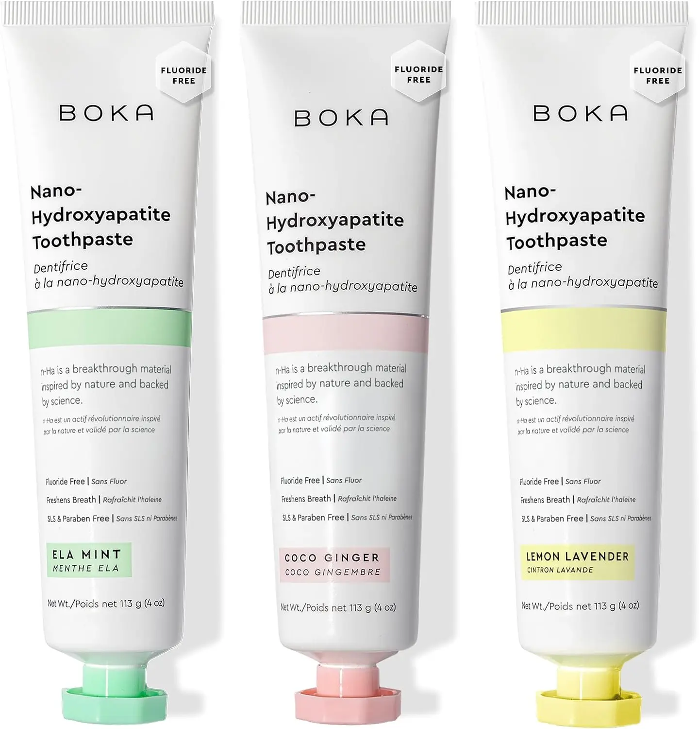 Boka Fluoride-Free Nano Hydroxyapatite Toothpaste for Sensitive Teeth - Adult Oral Care - Ela Mint, Coco Ginger, Lemon Lavender Flavors - 4 Oz, 3PK