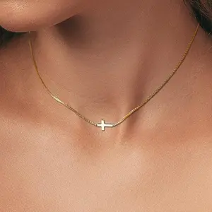 ASCOMY 14K Gold Plated Dainty Sideways Cross Pendant Necklace for Women Adjustable Chain Minimalist Faith Religious Gift Box Packaging