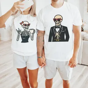 Matching Halloween Skeleton Couple Shirts,Funny His and Hers Halloween Costume Outfit,Spooky Skull T-Shirts for Couples,Trend Couple Costume
