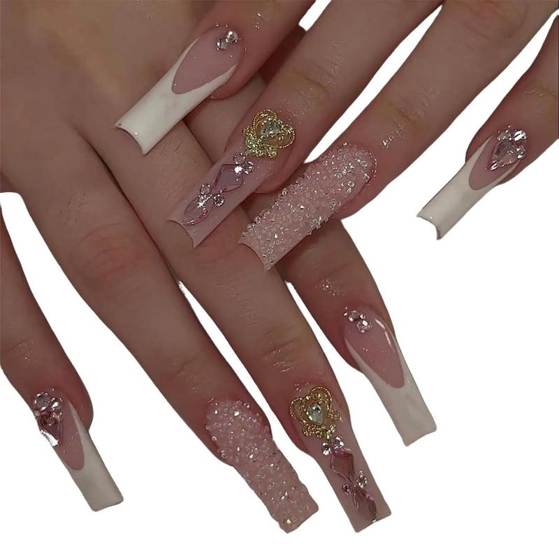 Press On Diamond Nails - Glossy Extra Long Square False Nails with Heart Gems & Rhinestones - Easy Application - High-Quality Materials - Perfect for Any Occasion - 24 Pieces Set