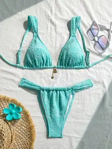 Coastal Fresh Bikini Set with Textured Pattern, Perfect for Tropical Vacations and Beach Photos, Slim-Fitting Casual Bikinis for All Seasons, String Bikini Set