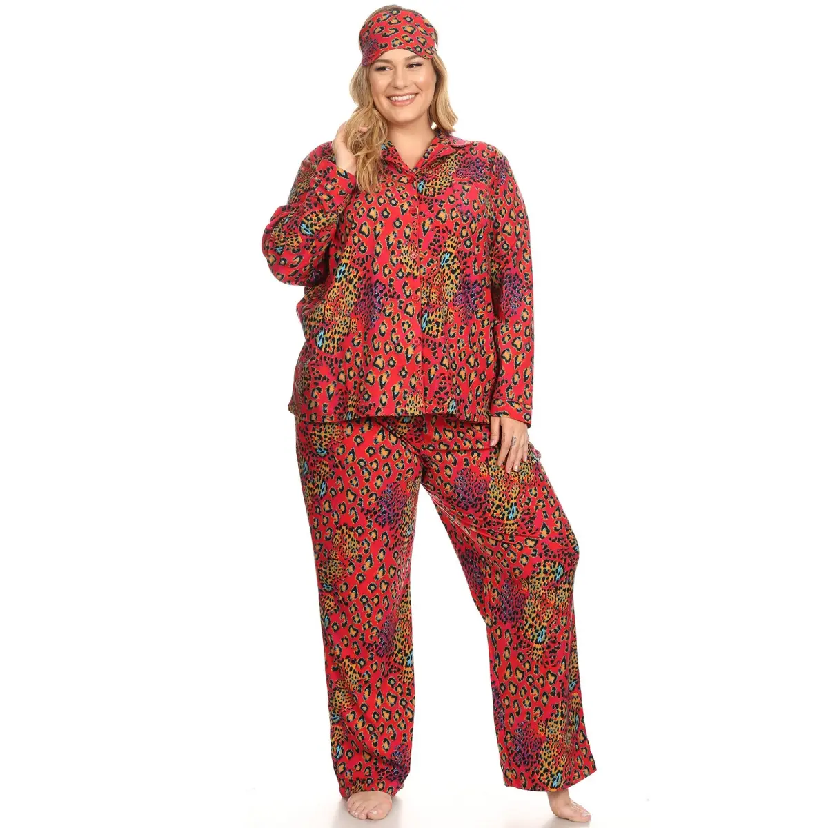 212 MAIN Women's Plus Size Pajama Set - Red Leopard 3-Piece Full-Length Breathable Soft Fabric Loungewear, Comfortable to Touch Longsleeves & Pants Sleepwear, Pyjama Sets PS3610-14-3XL (3X)