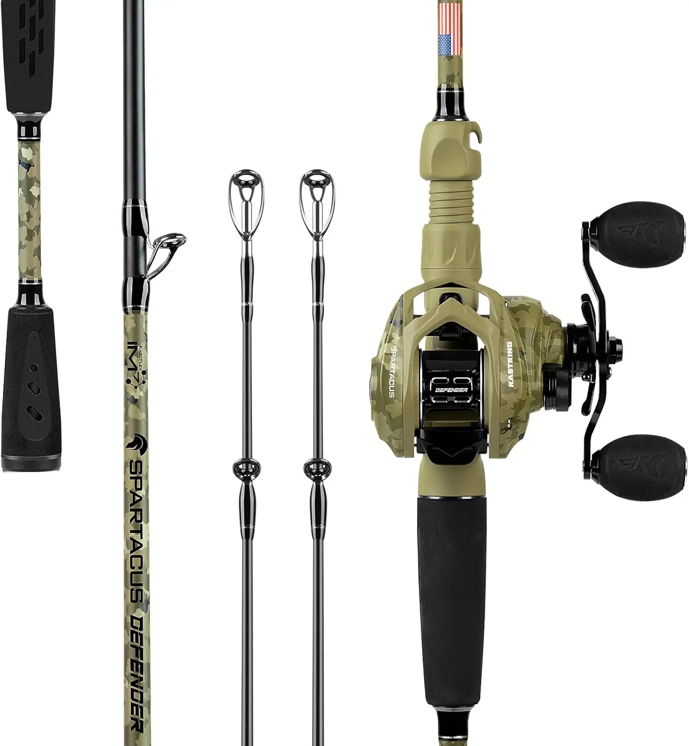 KastKing Spartacus Defender Twin-Tip Fishing Rod and Reel Combo | Baitcaster & Spinning Combo, 2-Piece Rod, Extra Tip, KastFlex IM7 Graphite Blanks, Camouflage Finish, Freshwater Fishing
