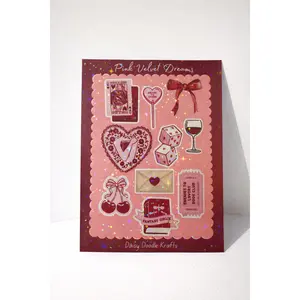 Daisy Doodle Krafts Pink Velvet Dreams Holographic Sticker Sheet with Hearts and Bow Design