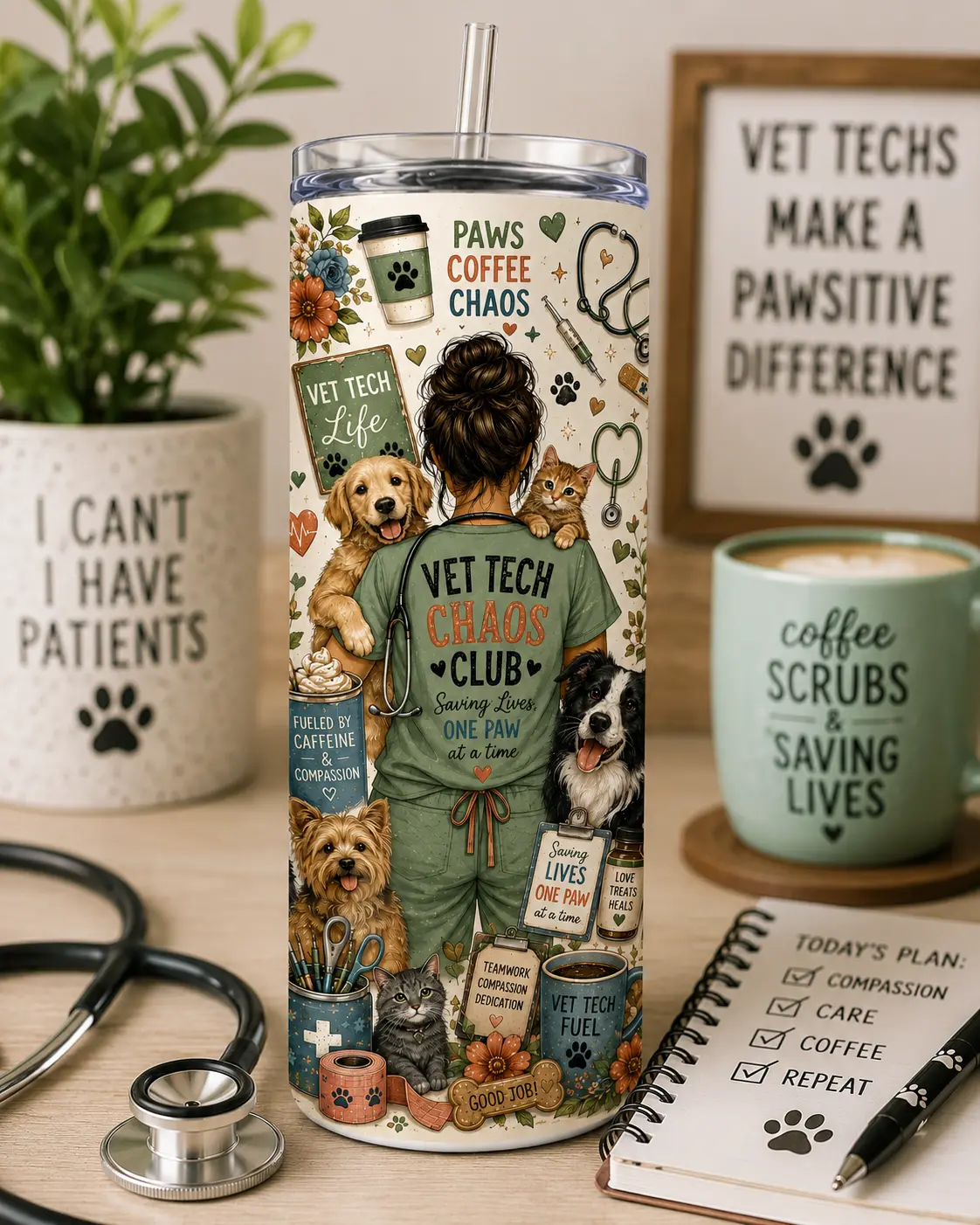 Vet Tech Chaos Club 20oz Tumbler – Veterinary Technician Gift with Lid & Straw life