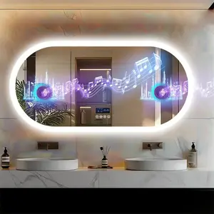 Large Bathroom Mirror Oval LED Vanity Mirror Wall Mounted w Bluetooth, Digital Display, Back Front Lit, Anti Fog for Hotel Hall
