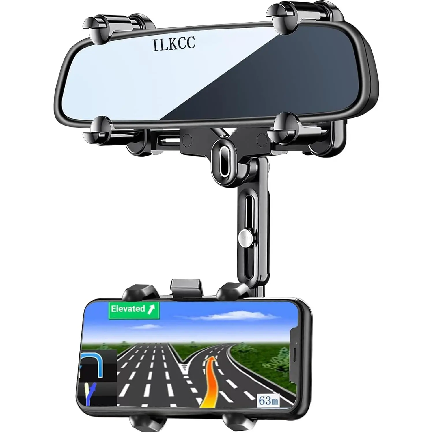 Plastic Car Rearview Mirror Phone Holder, Universal Mount with 360° Rotating Retractable Arm, Rounded 4-Corner Fixed Anti-Shake Design for All Smartphones (Up to 250g) & Larger Vehicles