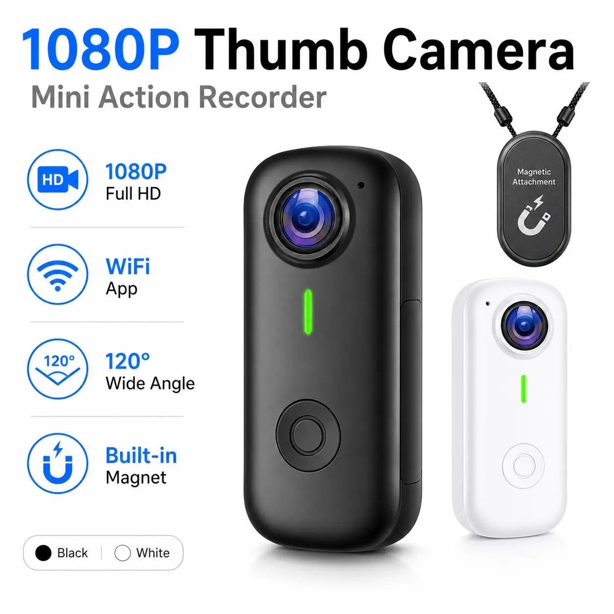Portable 1080P POV Body Camera Ultra-Compact Mini Action Camera with 120° Wide-Angle Lens Built-In Magnetic Hands-Free Design & WiFi App for Cycling, Walking, Running, Vlogging & Outdoor Activities