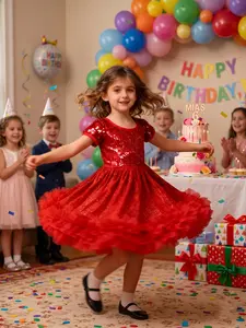 Girls' Sequin Dress, Short Sleeve Party Dress, Princess Puff Skirt, Knee Length, Loose-Fitting, Natural Waist, All Seasons