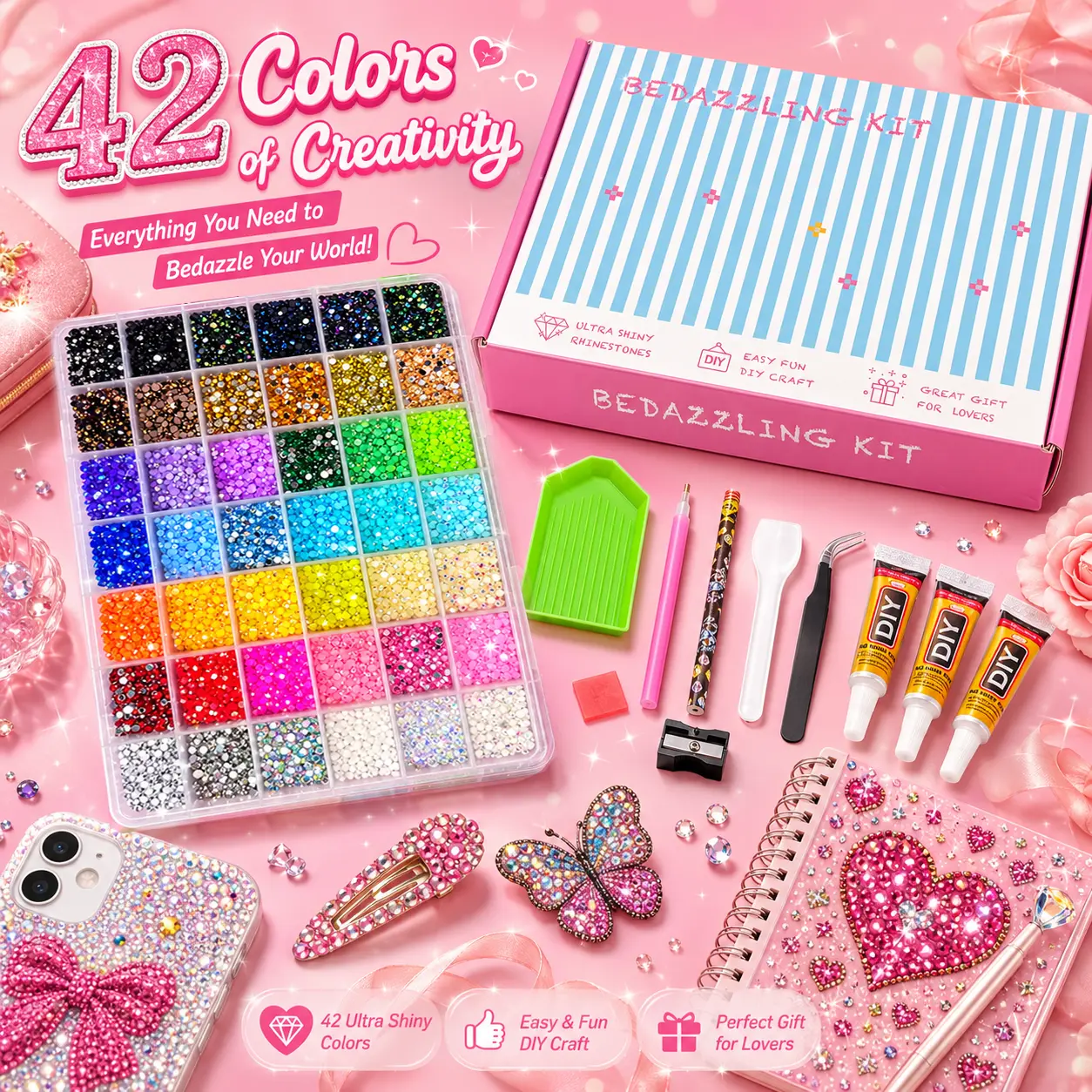 42000Pcs 42Colors 3mm Round Glitter Rhinestones Bedazzling Multi-Pack Kit - Nail Tech Supplies, Sufficient Quantity for Nail Art, DIY Crafts, Ultimate Creative Gift for Her,my bedazzles item,sohochic,bedazzler kit with rhinestones,sparkles,sohochic