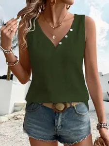Women's Summer Tank Top 2026 New Arrival, V-Neck Loose-Fit Casual Tee, Elegant Comfortable Fashion Top, Contemporary Plain Design, Womenswear