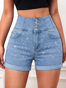 High Waist Denim Shorts for Women, Sparkling Rhinestone Decor, Four Button Elastic Slim Fit, Roll Up Hem, Summer Street Style