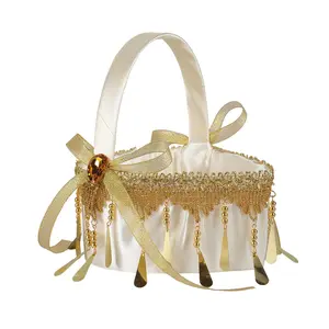 Fringe Flower Basket, Western Luxury Wedding Flower Girl Basket, Handmade Heart Shape Gold Flower Basket, Wedding Accessories