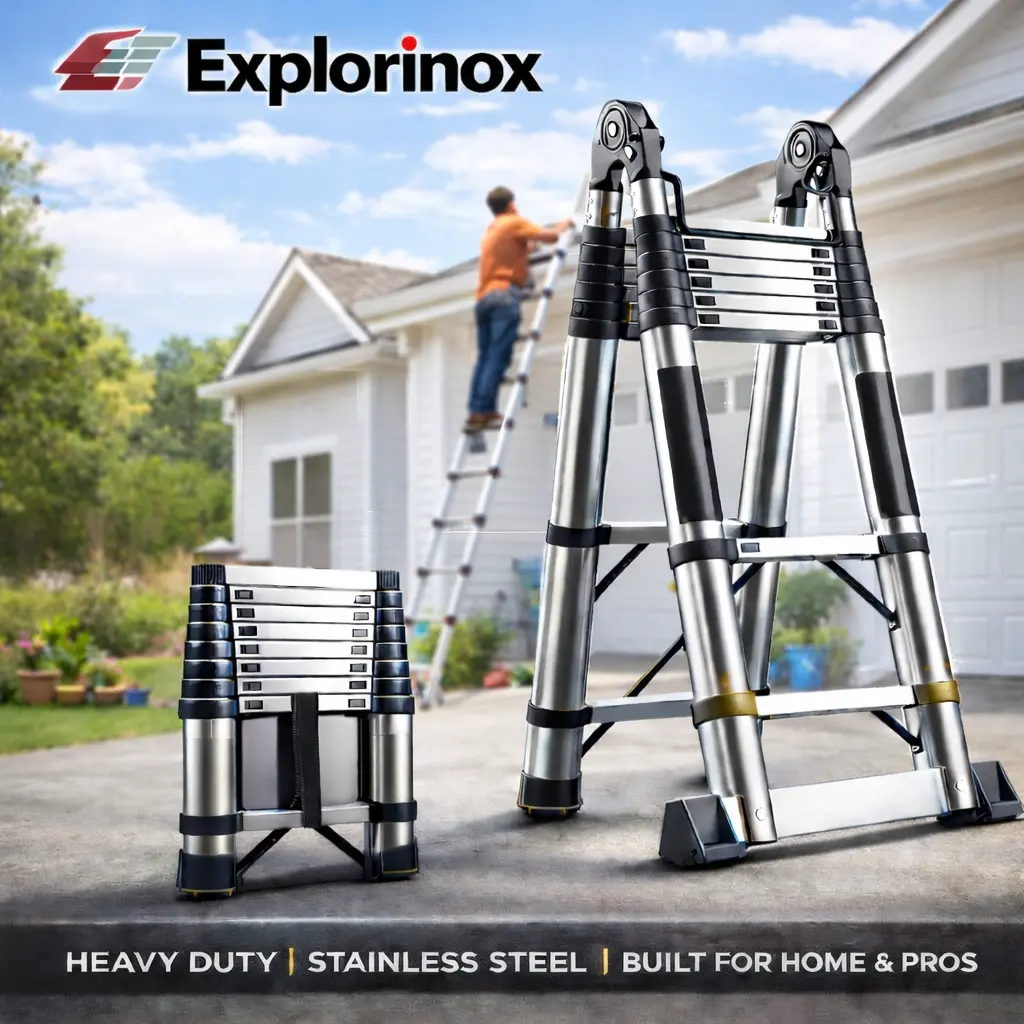 Explorinox Folding Telescoping Ladder, Portable Extension Ladder with Locking System for Home Use