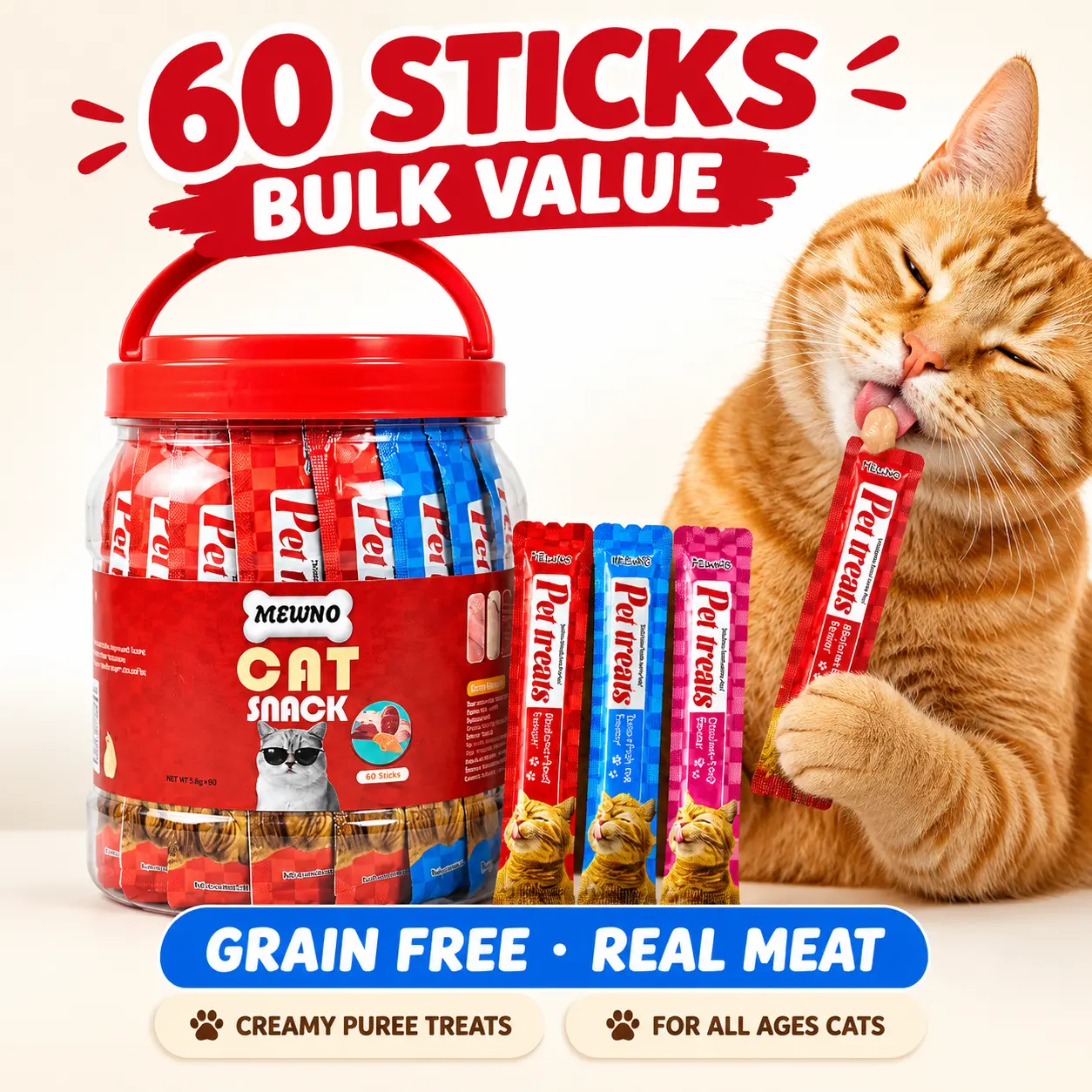 Cat Lickable Treats 60-Pack | MEWNO High Moisture Puree Tubes | Tuna, Chicken, Abalone Flavors | Wet Food Topper for Picky Eaters
