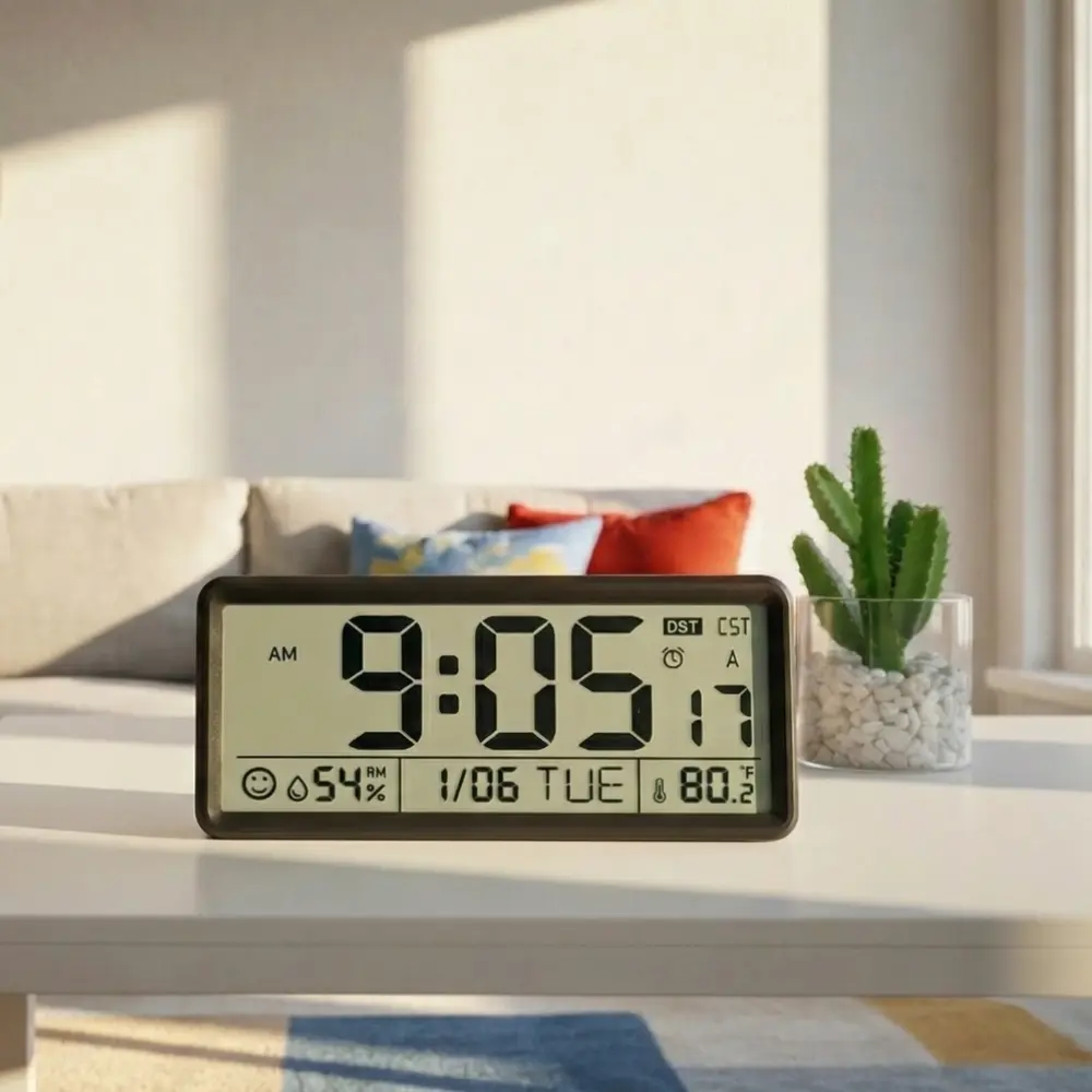 EASYERA 15'' Large Digital Wall Clock, Wireless Atomic Clock Battery Operated with Indoor Temperature and Humidity, Self-Setting with Auto DST, for Kitchen, Classroom, Living Room, Dormitory (Batteries Not Included)