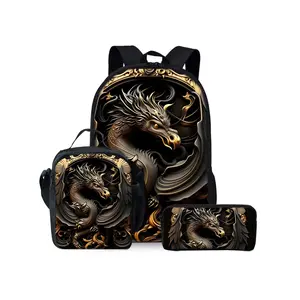 Three-piece set of black and gold dragon printed backpacks, including a lunch bag, pencil case, and backpack