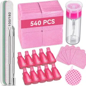 Gel Nail Polish Remover Tools Kit with 540 Lint Free Wipes, 10 Soak Off Clips, 100ml Nail Polish Remover Bottle, Cuticle Pusher/Peeler, File, Buffer Block