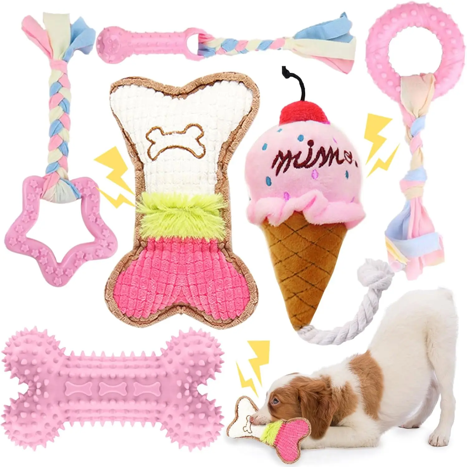 6 Pack Puppy Teething Toys Pink Small Breed Dog Chew Toys with Rope Cute Soft Rubber Puppy Toys Set for Cleaning Teeth Interactive Pet Doggy Bone Toys