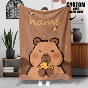 1Pc Customizable Capybara Flannel Blanket - Personalized Name Option, Soft & Cozy Oversized Throw For Boys & Girls, Perfect Gift For Camping, Travel, Or Home Use, Camping Blanket |   Playful Design |   Plush Texture, Bear