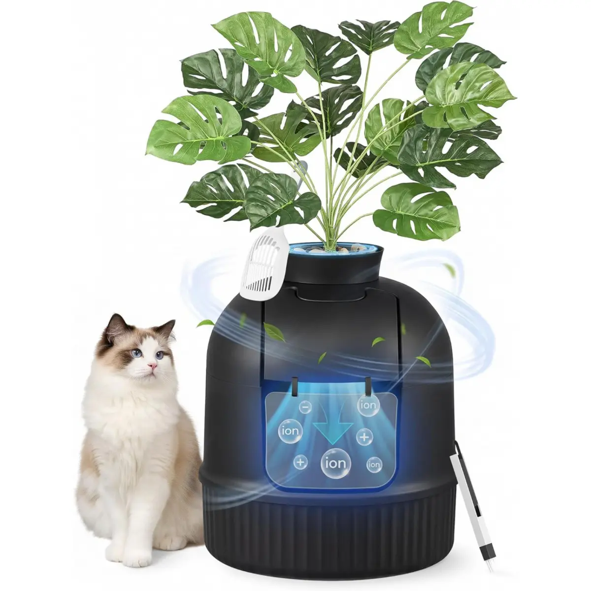 Hidden Enclosed Cat Litter Box Enclosure with 1 Artificial Plant, 1 Pebble Pack, Door, Carbon Filter, Odor Control, Scoop, Brush, Less Mess Enclosed Tray (19.3"l x 19.3"w x 23.2"h) for Bedroom, Living Room