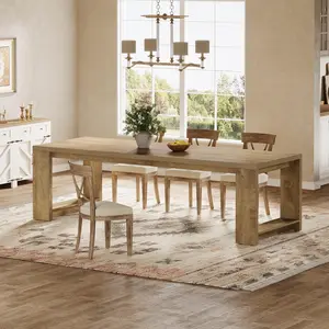 TRIBEWOOD 86.61-Inch Dining Table for 6-8, Farmhouse Narrow Kitchen Table with Pedestal Base, Extra Long Rectangular Dining Room Furniture