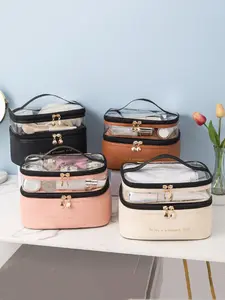 Waterproof PU Material Dual-Layer Ladies Wash Bag, Transparent Travel Portable Large Capacity Storage Bag, Ideal for Daily Use, Work, Vacation