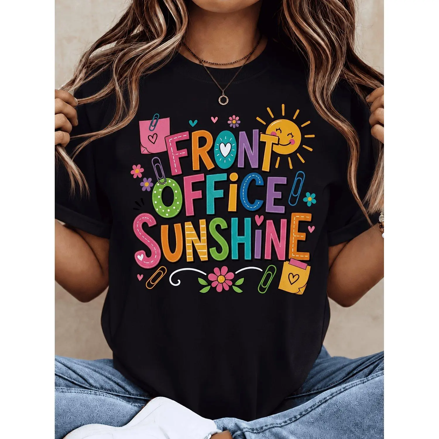 Women’s T shirts Front Office Sunshine Staff Short Sleeve Crew Neck Casual Top Suitable for Teachers Secretaries Staff Gifts Back to School Apparel Office Uniform