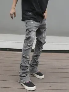 Men's Smoky Grey Destroyed Flared Jeans, High Street Splatter Paint Distressed Slim Pants, Trendy Streetwear for Street Style & Photo OOTD