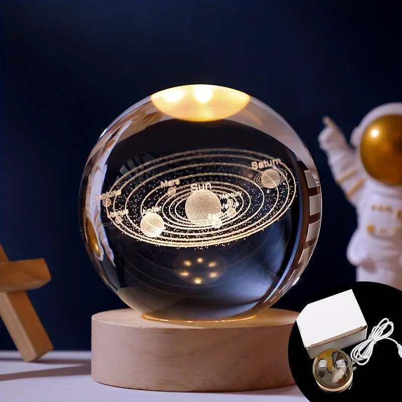 3D Laser Engraved Crystal Ball with Saturn Moon Galaxy Pattern, USB-Powered Cool Ambient Bedroom LED Light, Illuminated Party Night Light for Christmas, Home Decor, Cool Lights, Bedroom Led Lights